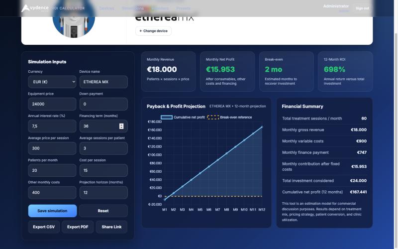 Vydence ROI Calculator: Projeção de lucro
